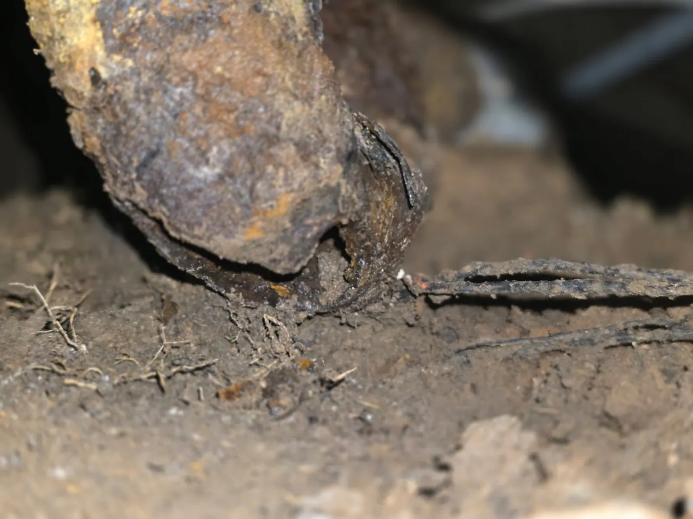 Close-up of a corroded, deteriorating cast iron drain pipe in a home crawlspace, ready for cast-iron-to-PVC drain line replacement by Out This World Services