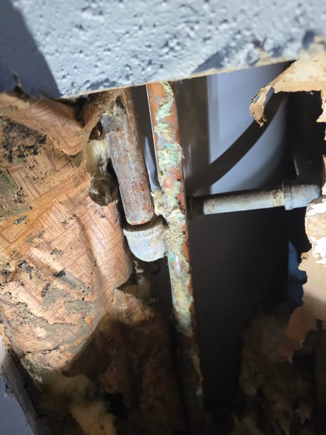 Corroded copper supply lines with green oxidation exposed inside an opened wall cavity — hidden leak diagnosed and repaired by Out This World Services